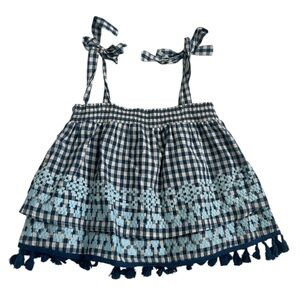 The Impecible Pig Blue Gingham Ruffle Shoulder Tie Tank - Size Large
